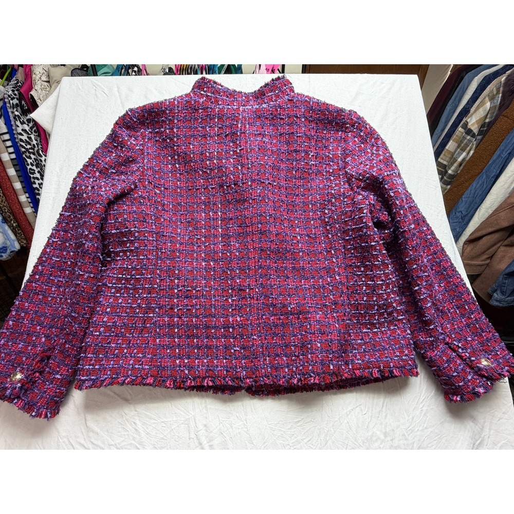 Talbots Womens Red Purple Tweed Blazer Jacket Gold Crest Buttons Fringed Size 16 - Picture 7 of 7